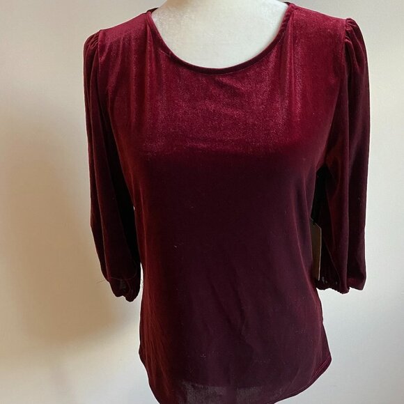 HALOGEN BNWT Burgundy Velvet Top Velour Bubble Sleeve New - Picture 3 of 10